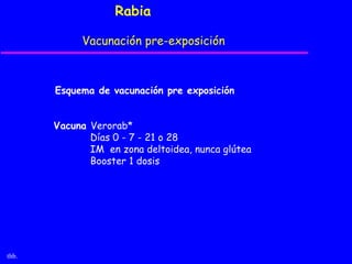 Rabia

            Vacunación pre-exposición



       Esquema de vacunación pre exposición


       Vacuna Verorab*
              Días 0 - 7 - 21 o 28
              IM en zona deltoidea, nunca glútea
              Booster 1 dosis




thb.
 