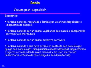 Rabia
              Vacuna post-exposición
       Expuestos:

       • Persona mordida, rasguñada o lamida por un animal sospechoso o
        diagnosticado rabioso.

       • Persona mordida por un animal vagabundo que muera o desaparezca
        posterior a la mordedura

       • Persona mordida por un animal silvestre carnívoro

       • Persona mordida o que haya estado en contacto con murciélagos
       (juego con murciélagos, manipulación a manos desnudas, haya entrado
       a lugares cerrados donde viven colonias y sin usar protección
       respiratoria, entrada de murciélagos a los dormitorios).



thb.
 