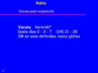 Rabia

       Vacuna post-exposición



       Vacuna Verorab*
       Dosis días 0 - 3 - 7 -(14) 21 - 28
       IM en zona deltoidea, nunca glútea




thb.
 