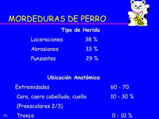 MORDEDURAS DE PERRO
                          Tipo de Herida
             Laceraciones           38 %
             Abrasiones             33 %
             Punzantes              29 %


                    Ubicación Anatómica
        Extremidades                       60 - 70
        Cara, cuero cabelludo, cuello      10 - 30 %
        (Preescolares 2/3)
thb.    Tronco                             0 - 10 %
 
