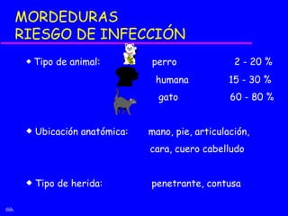 MORDEDURAS
       RIESGO DE INFECCIÓN
        x   Tipo de animal:        perro               2 - 20 %
                                    humana            15 - 30 %
                                     gato             60 - 80 %


        x   Ubicación anatómica:   mano, pie, articulación,
                                   cara, cuero cabelludo


        x   Tipo de herida:        penetrante, contusa

thb.
 