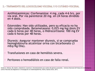  Antihistaminicos: Clorfenamina: 4 mg. cada 4-6 hrs. por
vía oral. Por vía parenteral 20 mg. en 24 horas dividido
en 4 dosis.
 Esteroides: Han sido utilizados, pero su eficacia no ha
sido comprobada. Betametasona: 0,025 mg/kg/dosis EV
cada 6 horas por 48 horas, o Hidrocortisona: 100 mg EV
cada 6 horas por 48 horas.
 Diuresis: Asegurar mantener diuresis, si se comprueba
hemoglobinuria alcalinizar orina con bicarbonato (3
mEq/Kg/Día).
 Transfusiones en caso de hemólisis severa.
 Peritoneo o hemodiálisis en caso de falla renal.
 Antihistaminicos: Clorfenamina: 4 mg. cada 4-6 hrs. por
vía oral. Por vía parenteral 20 mg. en 24 horas dividido
en 4 dosis.
 Esteroides: Han sido utilizados, pero su eficacia no ha
sido comprobada. Betametasona: 0,025 mg/kg/dosis EV
cada 6 horas por 48 horas, o Hidrocortisona: 100 mg EV
cada 6 horas por 48 horas.
 Diuresis: Asegurar mantener diuresis, si se comprueba
hemoglobinuria alcalinizar orina con bicarbonato (3
mEq/Kg/Día).
 Transfusiones en caso de hemólisis severa.
 Peritoneo o hemodiálisis en caso de falla renal.
Tomás A. Orduna, De roodt A, Salomón O, Lloveras S. Envenenamiento por arañas del genero Loxosceles. Instituto Nacional de Producción de Biológicos.
Centro Nacional de Diagnóstico e Investigación en Endemoepidemias. Muñiz, Buenos Aires. 2012.
 
