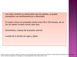  Los niños recibirán la misma dosis que los adultos, se puede
premeditar con antihistamínicos o esteroides.
 El cuadro clínico en promedio remite entre 90 y 120 minutos, de no
ser así repetir la dosis inicial cada hora.
 Sintomático, manejo de la presión arterial.
 Lavado de la herida con agua y jabón.
 
 Los niños recibirán la misma dosis que los adultos, se puede
premeditar con antihistamínicos o esteroides.
 El cuadro clínico en promedio remite entre 90 y 120 minutos, de no
ser así repetir la dosis inicial cada hora.
 Sintomático, manejo de la presión arterial.
 Lavado de la herida con agua y jabón.
 
Tomás A. Orduna, De roodt A, Salomón O, Lloveras S. Envenenamiento por arañas del genero Loxosceles. Instituto Nacional de Producción de Biológicos.
Centro Nacional de Diagnóstico e Investigación en Endemoepidemias. Muñiz, Buenos Aires. 2012.
 