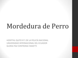 Mordedura de Perro
HOSPITAL QUITO N°1 DE LA POLICÍA NACIONAL
UNIVERSIDAD INTERNACIONAL DEL ECUADOR
GLORIA PAZ CONTRERAS YAMETTI
 