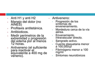 • Anti H1 y anti H2
• Manejo del dolor (no
AINES)
• Profilaxis antitetánica.
• Antibioticos.
• Medir perímetros de la
extremidad y progresión
del edema por al menos
12 horas.
• Antiveneno (el suficiente
para inactivar el
equivalente a 400 mg de
veneno).
• Antiveneno:
• Progresión de los
síntomas de
envenenamiento.
• Mordedura cerca de la vía
aérea.
• Envenamiento
intravascular directo.
• Sangrado activo.
• Cuenta plaquetaria menor
a 100,000/μl
• Fibrinógeno menor a 100
mg/ml
• Síntomas neurotóxicos
 