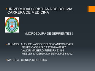 UNIVERSIDAD CRISTIANA DE BOLIVIA
CARRERA DE MEDICINA
(MORDEDURA DE SERPIENTES )
 ALUMNO: ALEX DE VASCONCELOS CAMPOS 63499
FELIPE CASSIUS CASTANHA 62397
VALDIR MAIBERG PEREIRA 63498
WESLEY LACERDA DA SILVA DIAS 61302
 MATÉRIA : CLINICA CIRURGICA
 