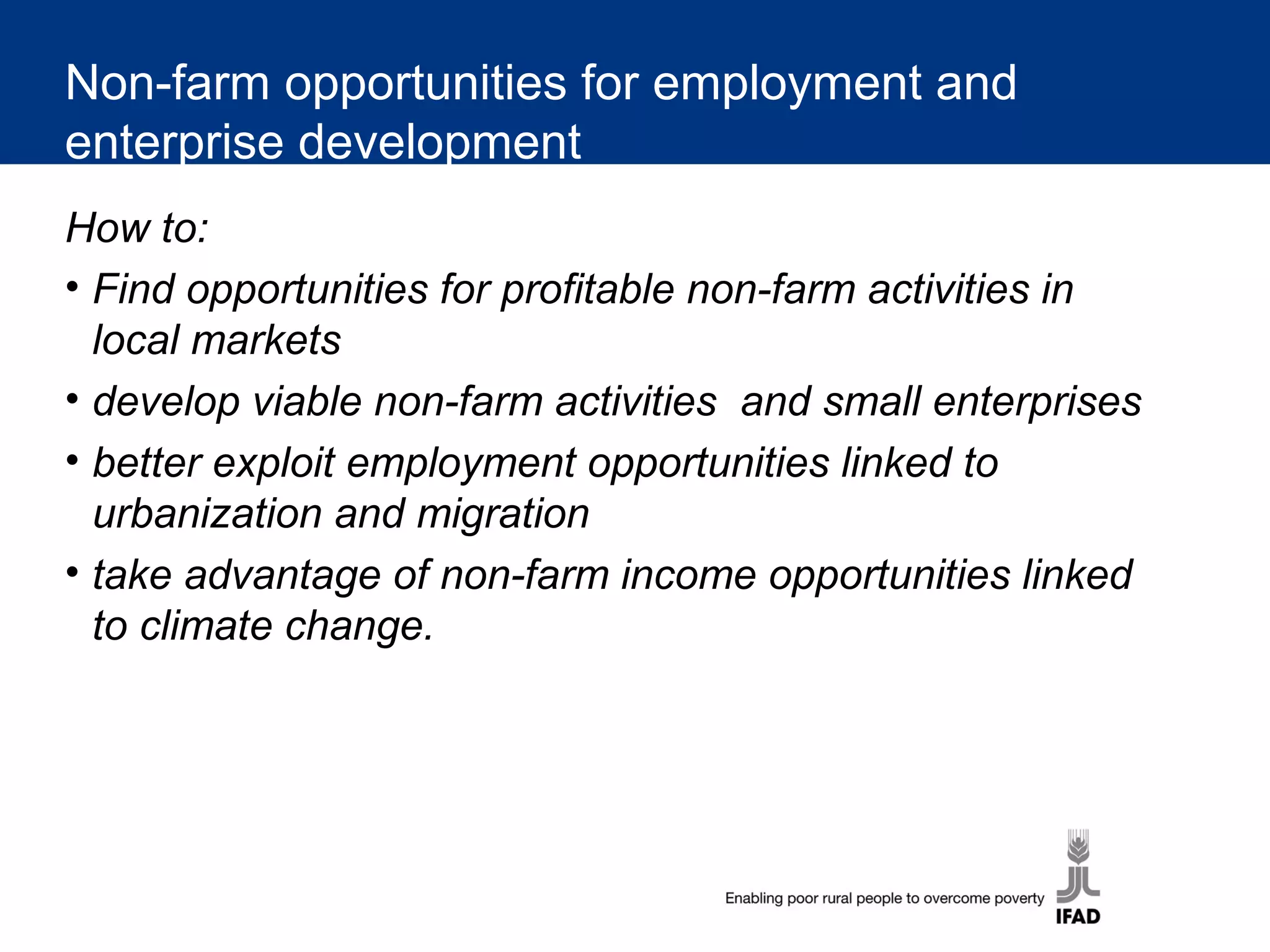 Non-farm opportunities for employment and
enterprise development
How to:
• Find opportunities for profitable non-farm activities in
local markets
• develop viable non-farm activities and small enterprises
• better exploit employment opportunities linked to
urbanization and migration
• take advantage of non-farm income opportunities linked
to climate change.
 