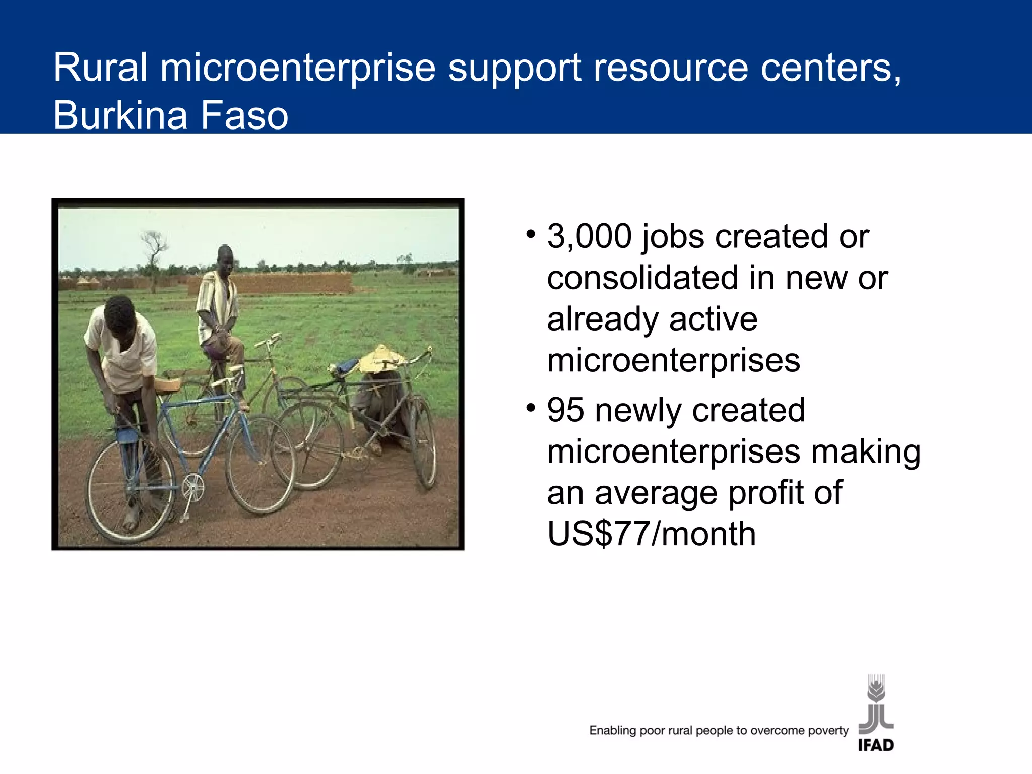 Rural microenterprise support resource centers,
Burkina Faso
• 3,000 jobs created or
consolidated in new or
already active
microenterprises
• 95 newly created
microenterprises making
an average profit of
US$77/month
 