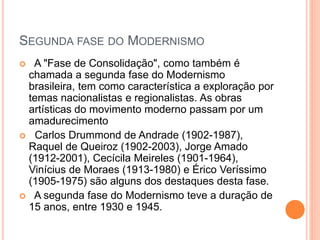 SEGUNDA FASE DO MODERNISMO
 A "Fase de Consolidação", como também é
chamada a segunda fase do Modernismo
brasileira, tem como característica a exploração por
temas nacionalistas e regionalistas. As obras
artísticas do movimento moderno passam por um
amadurecimento
 Carlos Drummond de Andrade (1902-1987),
Raquel de Queiroz (1902-2003), Jorge Amado
(1912-2001), Cecícila Meireles (1901-1964),
Vinícius de Moraes (1913-1980) e Érico Veríssimo
(1905-1975) são alguns dos destaques desta fase.
 A segunda fase do Modernismo teve a duração de
15 anos, entre 1930 e 1945.
 