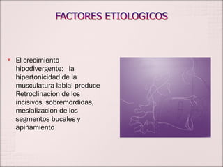 El crecimiento hipodivergente:  la hipertonicidad de la musculatura labial produce Retroclinacion de los incisivos, sobremordidas, mesializacion de los segmentos bucales y apiñamiento 