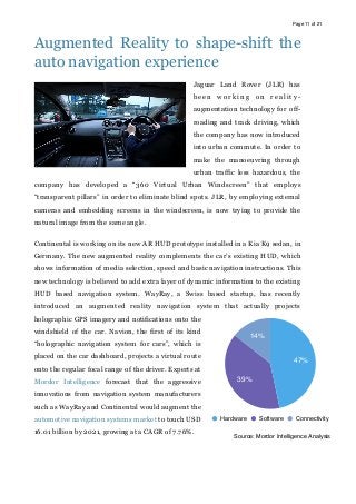 Page of11 21
Augmented Reality to shape-shift the
auto navigation experience
Jaguar Land Rover (JLR) has
been working on reality-
augmentation technology for off-
roading and track driving, which
the company has now introduced
into urban commute. In order to
make the manoeuvring through
urban traffic less hazardous, the
company has developed a “360 Virtual Urban Windscreen” that employs
“transparent pillars” in order to eliminate blind spots. JLR, by employing external
cameras and embedding screens in the windscreen, is now trying to provide the
natural image from the same angle.
Continental is working on its new AR HUD prototype installed in a Kia K9 sedan, in
Germany. The new augmented reality complements the car’s existing HUD, which
shows information of media selection, speed and basic navigation instructions. This
new technology is believed to add extra layer of dynamic information to the existing
HUD based navigation system. WayRay, a Swiss based startup, has recently
introduced an augmented reality navigation system that actually projects
holographic GPS imagery and notifications onto the
windshield of the car. Navion, the first of its kind
“holographic navigation system for cars”, which is
placed on the car dashboard, projects a virtual route
onto the regular focal range of the driver. Experts at
Mordor Intelligence forecast that the aggressive
innovations from navigation system manufacturers
such as WayRay and Continental would augment the
automotive navigation systems market to touch USD
16.01 billion by 2021, growing at a CAGR of 7.76%.
14%
39%
47%
Hardware Software Connectivity
Source: Mordor Intelligence Analysis
 