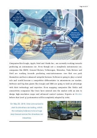 Page of16 21
Companies like Google, Apple, Intel and Baidu Inc., are currently working towards
producing an autonomous car. Even though not a completely autonomous car,
companies like BMW, General Motors, Volkswagen, Mercedes, Tesla Motors and
Ford are working towards producing semi-autonomous cars that can park
themselves and have enhanced autopilot features. Software is going to play a crucial
role and would become a competitive differentiator in autonomous car market.
Software and big data giants like Google and IBM are going to hold an advantage
with their technology and expertise. Even mapping companies like Nokia and
connectivity companies like Cisco have entered into the market with an aim to
design high-resolution maps and advanced control systems. Experts at Mordor
believe that Level 4/5 automation will be completely adopted by 2060.
On May 25, 2016, Uber announced to
start its driverless car testing, which
the company believes to be a huge
step forward across the driverless car
industries.
 