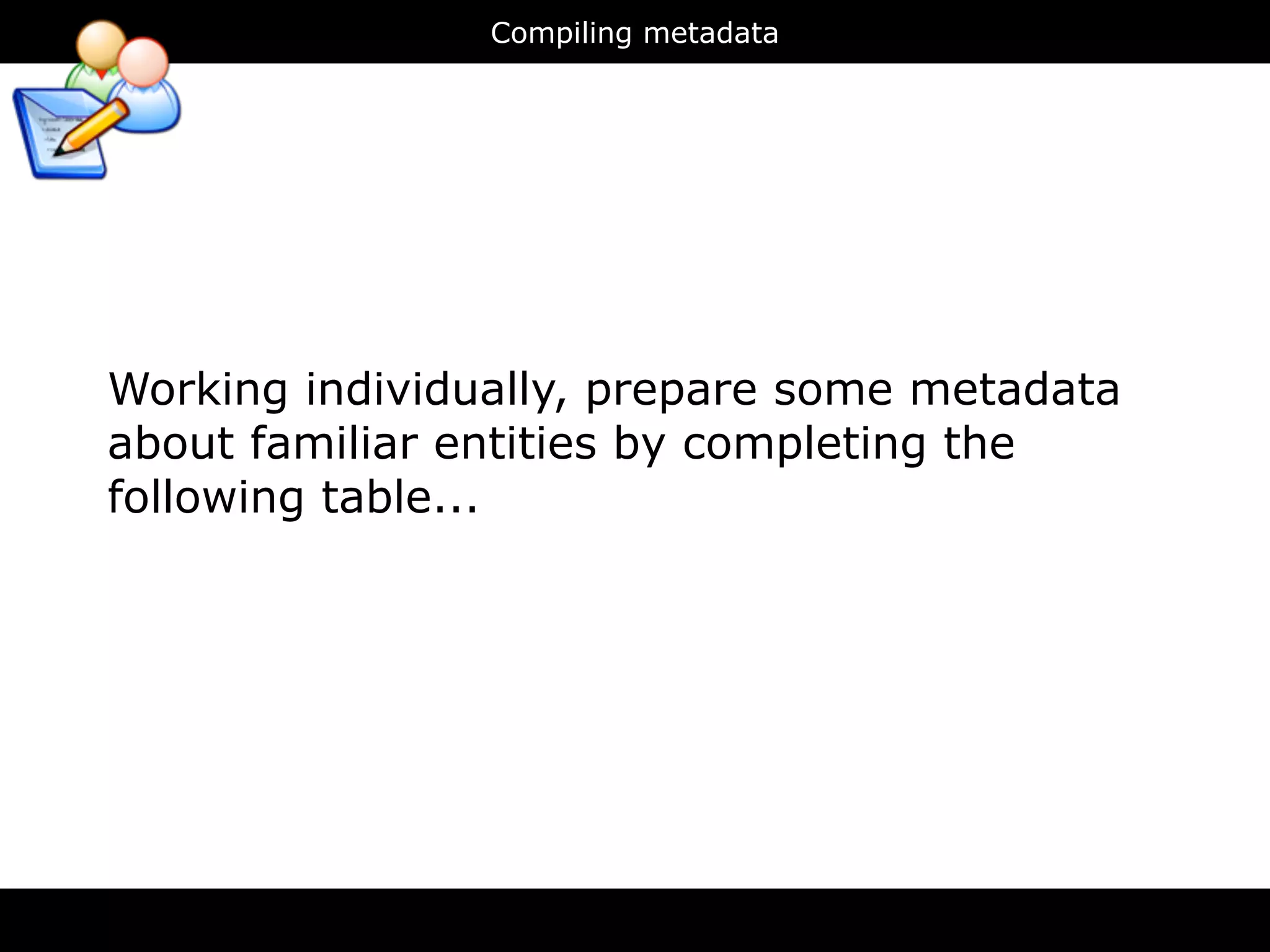Compiling metadata




Working individually, prepare some metadata
about familiar entities by completing the
following table...
 