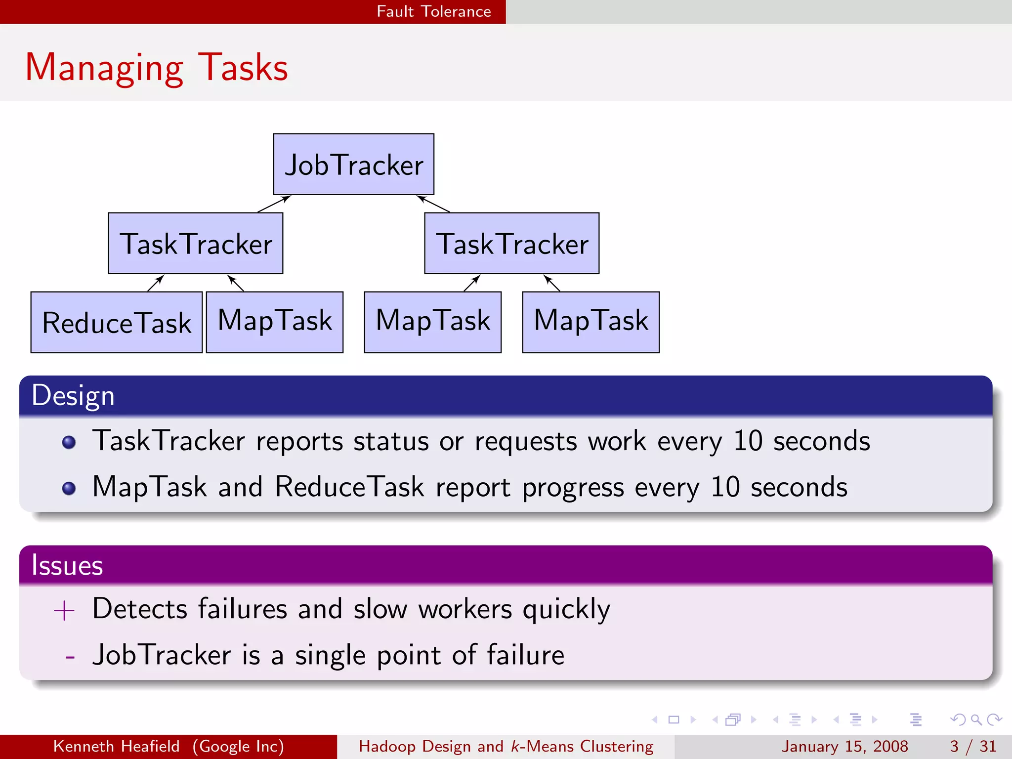 Fault Tolerance


Managing Tasks

                            JobTracker

        TaskTracker                       TaskTracker

ReduceTask MapTask                 MapTask            MapTask

Design
    TaskTracker reports status or requests work every 10 seconds
     MapTask and ReduceTask report progress every 10 seconds

Issues
  + Detects failures and slow workers quickly
  - JobTracker is a single point of failure

 Kenneth Heaﬁeld (Google Inc)    Hadoop Design and k-Means Clustering   January 15, 2008   3 / 31
 