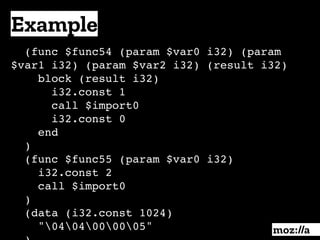 Example
:
(func $func54 (param $var0 i32) (param
$var1 i32) (param $var2 i32) (result i32)
block (result i32)
i32.const 1
call $import0
i32.const 0
end
)
(func $func55 (param $var0 i32)
i32.const 2
call $import0
)
(data (i32.const 1024)
"0404000005"
 