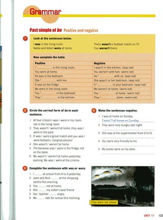 Past simple of lie Positive and negative. ,
o Look at the sentences below.
I was in the living room.
Nadia and Adam were at home.
Now complete the table.
Positive
I l ... ... .. .. ............. in the living room.
You were at home.
He was in his bedroom.
She ,........................ with me.
It was on the fridge.
We were in the living room.
You '... ............... .... in the bedroom.
They '...... ................. in the kitchen.
o Circle the correct form of be in each
sentence.
At four o'clock I was / were in my room.
not in the living room.
2 They wasn't/ weren't at home,they was /
were in the park.
3 It was / were a great match and you was /
were fantastic. Congratulationsi
4 She wasn't/ weren't at home.
5 The bananas was / were in the fridge. not
on the table.
S We wasn't / weren't at home yesterday
evening We was / were at the cinema.
o Complete the sentences with was or were.
1 ............ at school from 8 to 3 yesterday.
2 Jane and Nick ............ at the shopping
centre this morning.
3 You ............ not at home.
4 She ............ my sister's best friend.
5 Our teacher ............ angry.
S We ............ late for school this morning
--
There wasn't a footba ll match on TV.
You weren't there.
Negative
I wasn't in the kitchen. (was not)
You weren't with him. (were not)
He '.f-.
...... ....... .... .... with us. (was not)
She 'i)'asn't in her bedroom. (was not)
It '. ... .... . ............. in your bedroom. (was not)
We weren't at home. (were not)
You '-...... ................ at home. (were not)
They B ... ................... alone. (were not)
o Make the sentences negative.
I was at home on Sunday.
1..:,:,"~~~rathl).,:,:,.e..,,~.5..v..n.,J."x.....
2 They were very hungry last night.
3 She was at the supermarket from 8 to 10.
4 You were very friendly to me.
5 My books were on my desk.
UNIT 11 123
 