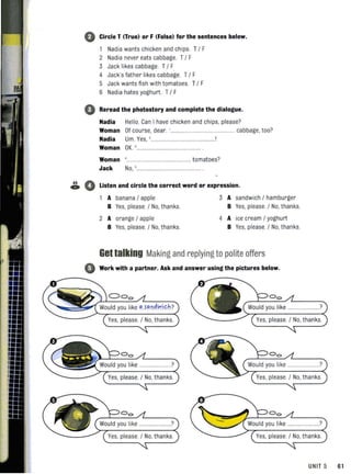 o Circle T (True) or F (False) for the sentences below.
Nadia wants chicken and chips. T/ F
2 Nadia never eats cabbage. T/ F
3 Jack likes cabbage . T/ F
4 Jack's father likes cabbage. T/ F
5 Jack wants fish with tomatoes. T/ F
6 Nadia hates yoghurt T/ F
o Reread the photostory and complete the dialogue.
Nadia Hello. Can I have chicken and chips, please?
Woman Of course, dear. ' .................................... cabbage, too?
Nadia Um. Yes, '.. ................
Woman OK. '...................... ........................ .
Woman ' ..... tomatoes?
Jack No, ,....
~ 0 Listen and circle the correct word or expression.
A banana / apple
B Yes, please. / No,thanks.
2 A orange / apple
B Yes, please. / No, thanks.
3 A sandwich / hamburger
B Yes, please. / No,thanks.
4 A ice cream / yoghurt
B Yes, please. / No, thanks.
Gettalking Making and replying to polite offers
4) Work with a partner. Ask and answer using the pictures below.
000
?
Yes, please / No, thanks. Yes, please. / No, thanks.
? ?
Yes, please. / No, thanks. Yes, please. / No, thanks.
? ?
Yes, please. / No, thanks. Yes, please. / No, thanks.
UNIT 5 61
 