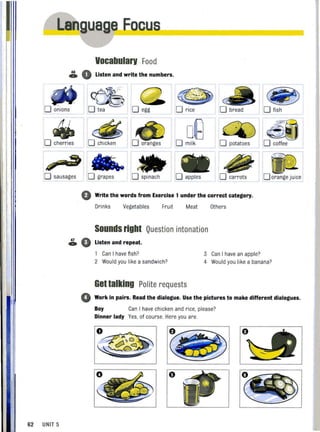Lan ua e Focu
Vocabularv .Food
.a. 0 Listen and write the numbers.
~o tea 0 egg
~
.~
'J.~- • -.-.;
::f5i
o rice 0 bread
~o fisho onions
.~o cherries 0 chicken
D~o milk
L4) ~o potatoes Oi coffee
"o sausages 0 grapes o spinach Dapples o carrots oorange juice I
~
o Write the words from Exercise 1 under the correct category.
Drinks Vegetables Fruit Meat Others
Sounds righl Question intonation
~ 0 Listen and repeat.
Can I have fish? 3 Can I have an apple?
2 Would you like a sandwich? 4 Would you like a banana?
Gellalking Polite requests
o Work in pairs. Read the dialogue. Use the pictures to make different dialogues.
Boy Can I have chicken and rice. please?
Dinner lady Yes, of course. Here you are.
62 UNIT 5
 