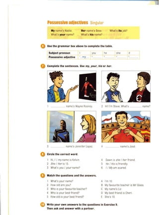 Possessive adjectives Singular
My name's Nadia.
What's your name?
Her name's Bess
What's his name?
What's its job?
o Use the grammar box above to complete the table.
~
Subject pronoun
t---
you he
~--
Possessive adjective~
'....':>:')1... 2 _ _ _ '
she
I - -
4
it
I '
G Complete the sentences, Use my, your, his or her.
....... name's Wayne Rooney
3 ....................... name's Jennifer Lopez
o Circle the correct word.
Hi, I / my name is Kelvin.
2 She / Her is 15.
3 What's you / your name?
o Match the questions and the answers.
What's your name?
2 How old are you?
3 Who is your favourite teacher?
4 Who is your best friend?
5 How old is your best friend?
2 Hi' I'm Steve. What's ............... name?
4 ...... ......... name's Jose.
4 Dawn is she / her friend.
5 He / His is friendly.
6 1/ My am scared.
A I'm 10.
B My favourite teacher is Mr Glass.
C My name's Liz.
D My best friend is Cheri.
E She's 10.
o Write your own answers to the questions in Exercise 9.
Then ask and answer with a partner.
 