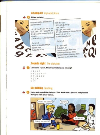 j
ASong 4U Alphabet Stars
~ 0 Listen and sing.
(yeah, we've got the Alphabet Stars
let's move ahead)
~, B,~, B,C,yo,~, B,Cis easy for me,
Dyes Eand f,D,E,f is easy for Jeffl
G', H,G,H,I,yeah, come on,hey,Ie,Ie
let me try.
J,yes,Kand l ,J,Kl,it's easy to spell.
Chorus (x 2)
We are the Alphabet Stars,yes
Alphabet Stars,
That's what we are.
M,N,M,NO. yo,
M,N0,let'sgo,let's go.
P,yes,Qand R, -
PQRyes,you're astar. fI"
S,T,S:1, U,it'seasy,yes,it's easy for Sue.
Now it's uh,now it's V,, I
V, that'sso easy for me.
Chorus (x 4)
w.Xand Yand Z.
That's the ~. B.C.
Come on noW,let'smove ahead,
Come an,yo, let's move ahead,
Come on,come on,let'smove ahead.
Yeah,come on,let'smove ahead.
Sounds right The alphabet
~ Q Listen and repeat. Which four letters are missing?
1 A H J K
2 B C DEPTV
3 FlMNSX
4 Q U W
5 I Y
Get talking Spelling
14
4» Listen and repeat the dialogue. Then work with a partner and practise
dialogues with other names.
 