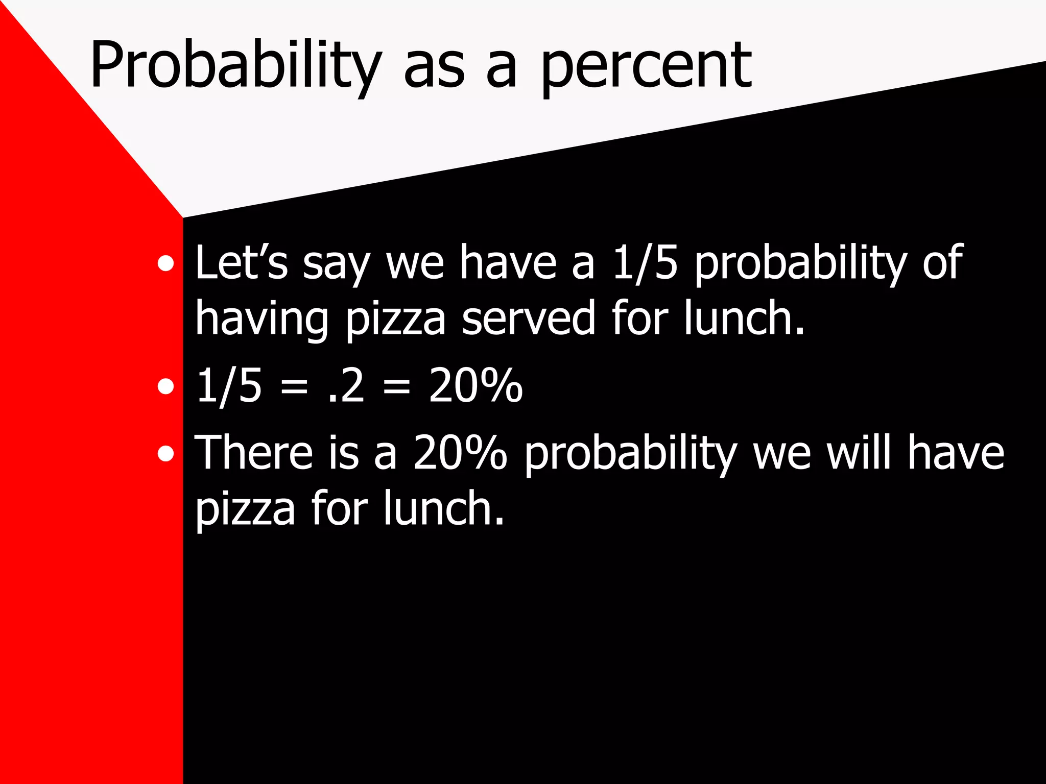 Probability as a percent Let’s say we have a 1/5 probability of having pizza served for lunch. 1/5 = .2 = 20% There is a 20% probability we will have pizza for lunch.