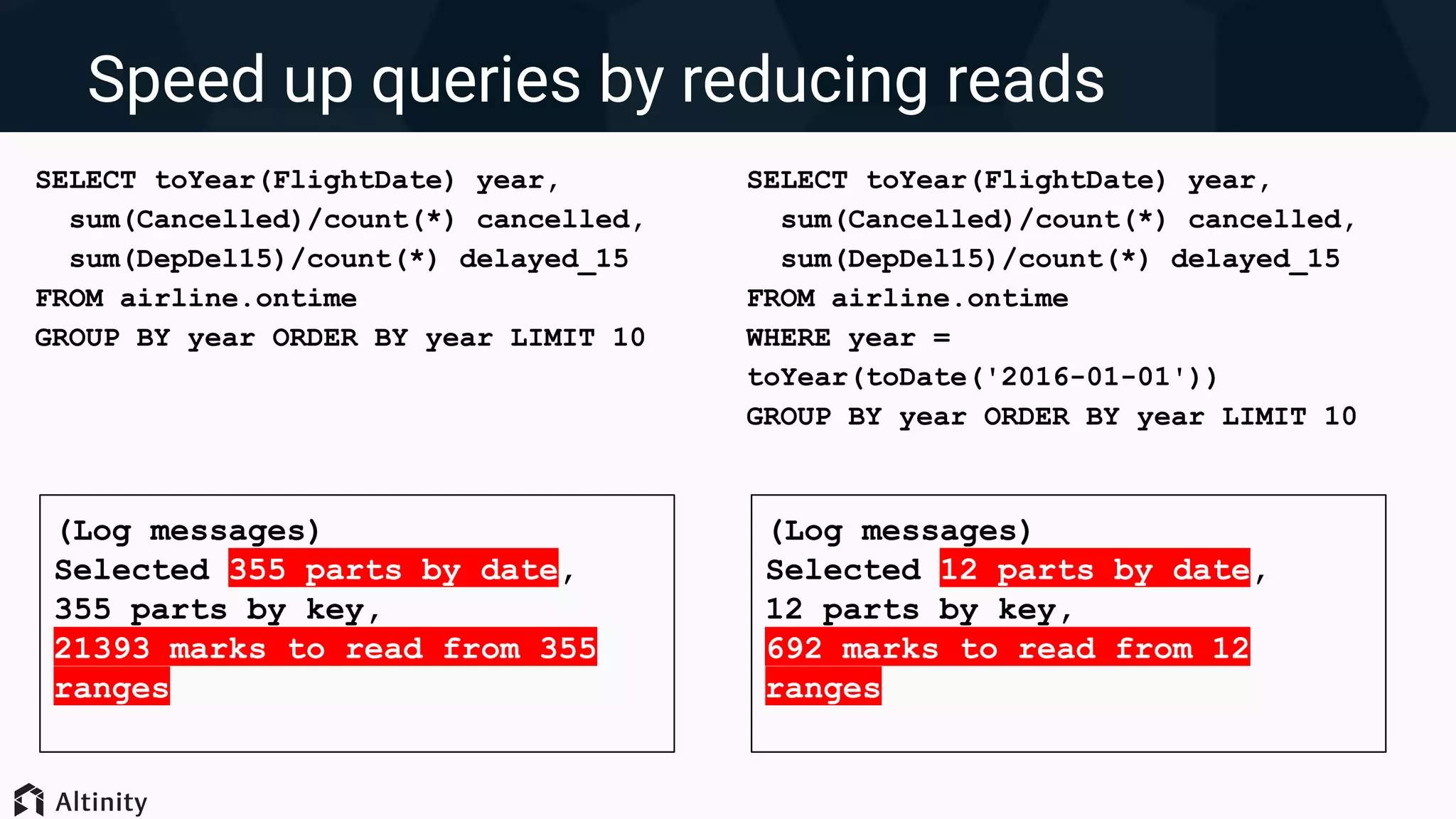 (Log messages)
Selected 355 parts by date,
355 parts by key,
21393 marks to read from 355
ranges
Speed up queries by reducing reads
SELECT toYear(FlightDate) year,
sum(Cancelled)/count(*) cancelled,
sum(DepDel15)/count(*) delayed_15
FROM airline.ontime
GROUP BY year ORDER BY year LIMIT 10
(Log messages)
Selected 12 parts by date,
12 parts by key,
692 marks to read from 12
ranges
SELECT toYear(FlightDate) year,
sum(Cancelled)/count(*) cancelled,
sum(DepDel15)/count(*) delayed_15
FROM airline.ontime
WHERE year =
toYear(toDate('2016-01-01'))
GROUP BY year ORDER BY year LIMIT 10
 
