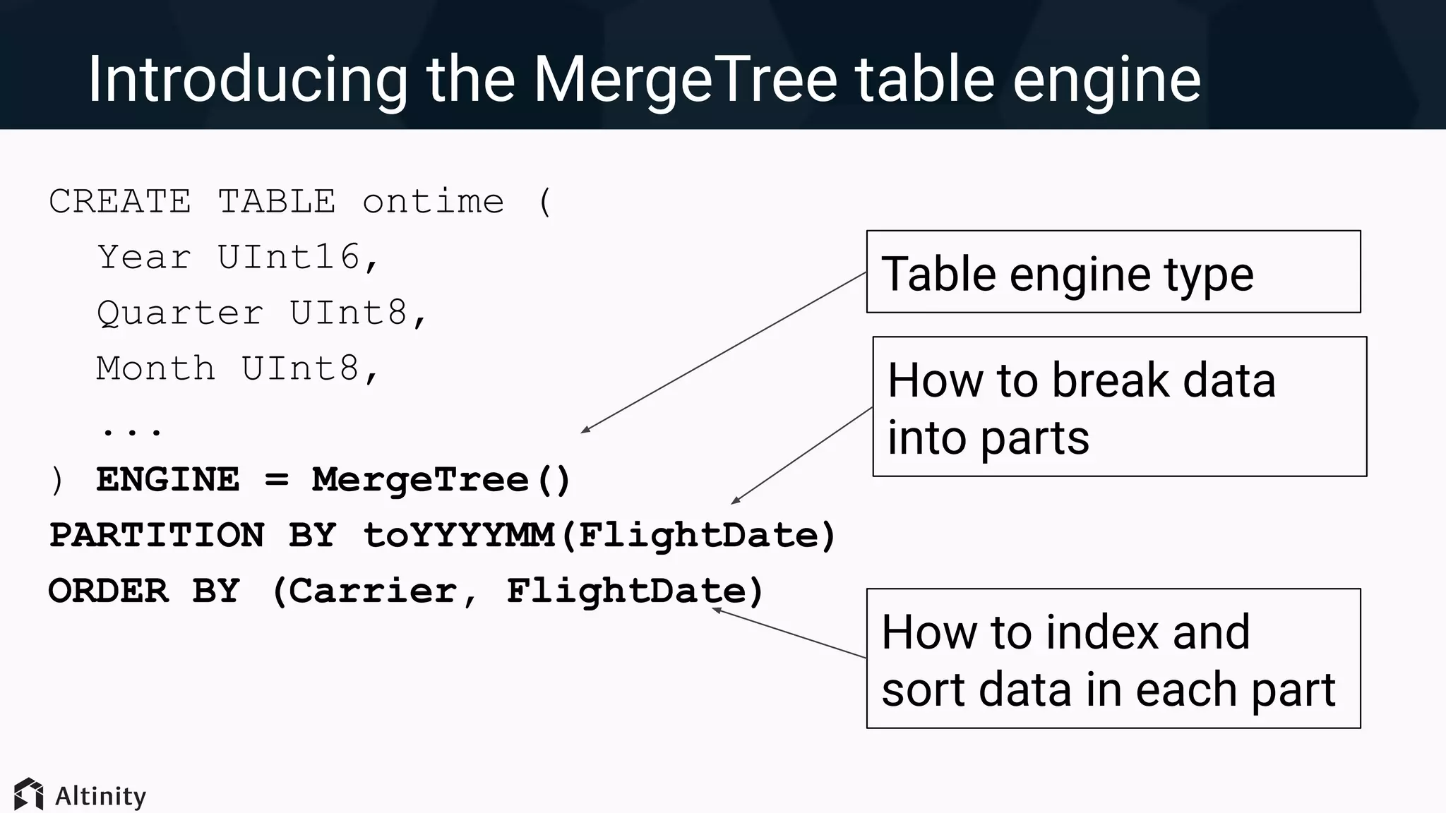 Introducing the MergeTree table engine
CREATE TABLE ontime (
Year UInt16,
Quarter UInt8,
Month UInt8,
...
) ENGINE = MergeTree()
PARTITION BY toYYYYMM(FlightDate)
ORDER BY (Carrier, FlightDate)
Table engine type
How to break data
into parts
How to index and
sort data in each part
 