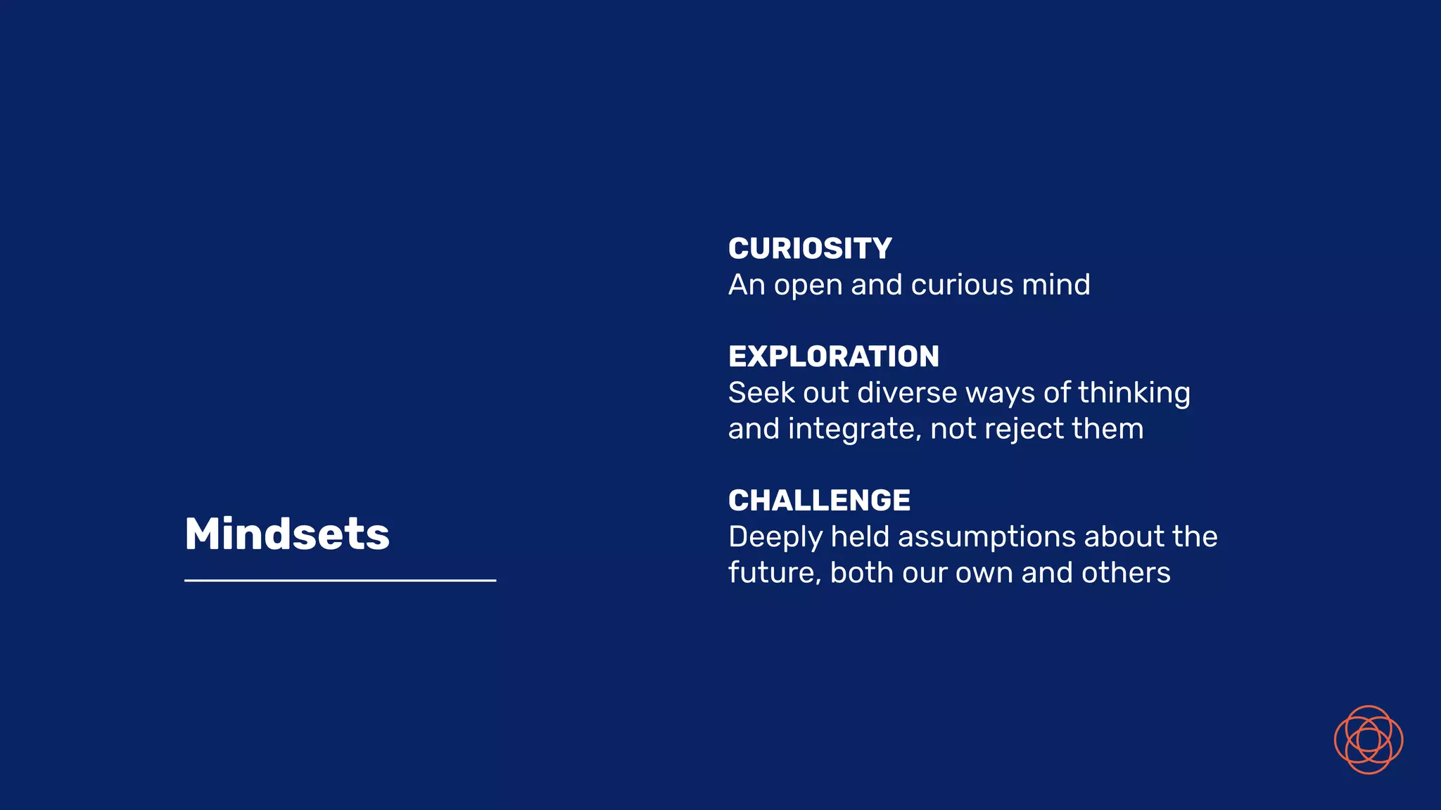 Mindsets
CURIOSITY
An open and curious mind
EXPLORATION
Seek out diverse ways of thinking
and integrate, not reject them
CHALLENGE
Deeply held assumptions about the
future, both our own and others
 