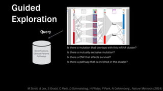 Is there a mutation that overlaps with this mRNA cluster?
Is there a CNV that affects survival?
Is there a pathway that is enriched in this cluster?
Is there a mutually exclusive mutation?
Query
Stratifications
Clinical Params
Pathways
Guided
Exploration
M Streit, A Lex, S Gratzl, C Partl, D Schmalstieg, H Pfister, P Park, N Gehlenborg , Nature Methods (2014)
 