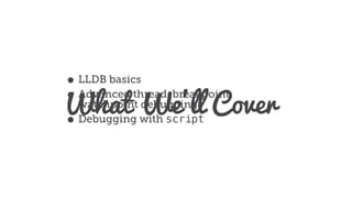 What We’ll Cover
• LLDB basics
• Advanced thread, breakpoint,
watchpoint debugging
• Debugging with script
 