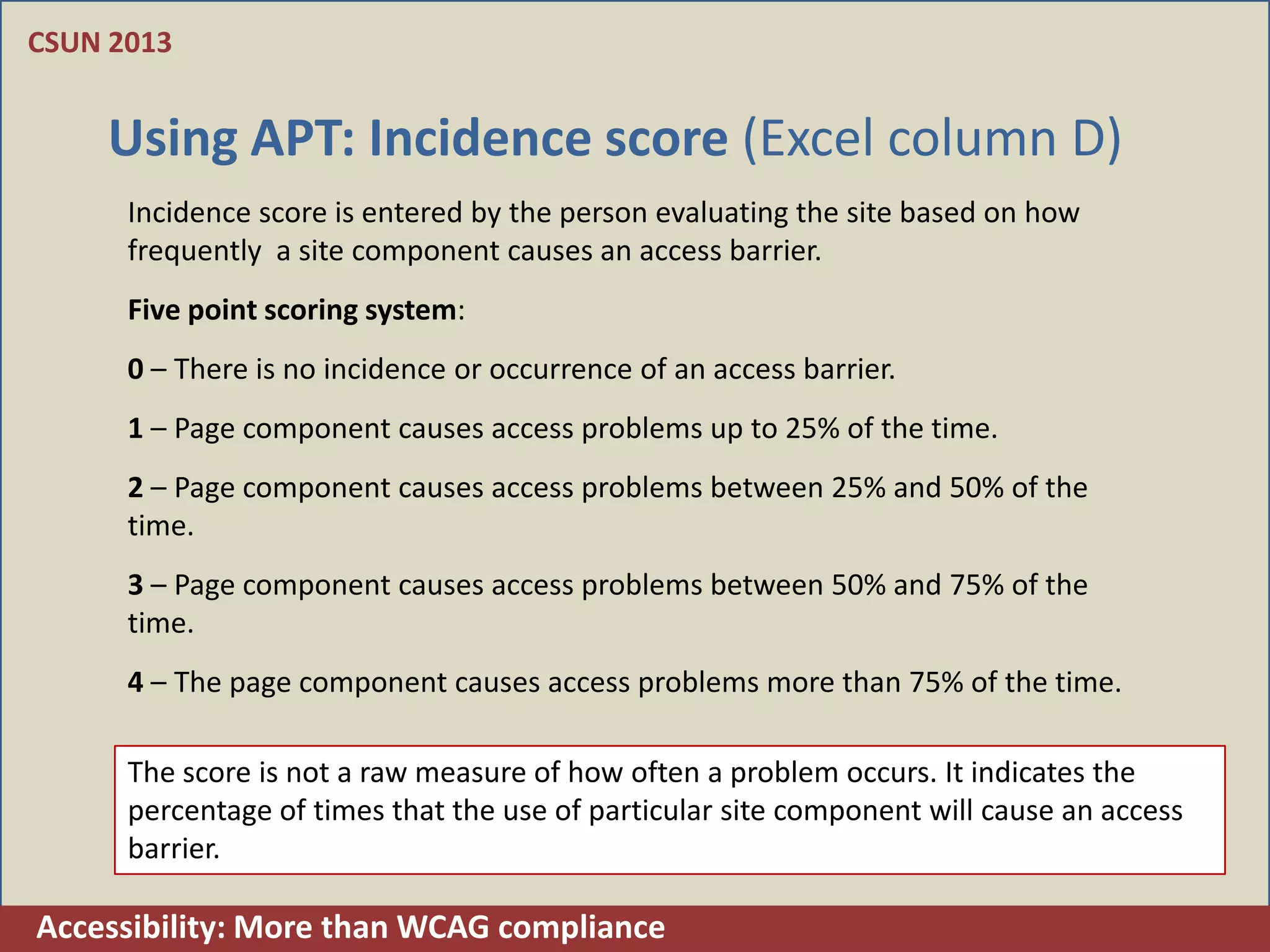 CSUN 2013


    Using APT: Incidence score (Excel column D)
      Incidence score is entered by the person evaluating the site based on how
      frequently a site component causes an access barrier.
      Five point scoring system:
      0 – There is no incidence or occurrence of an access barrier.
      1 – Page component causes access problems up to 25% of the time.
      2 – Page component causes access problems between 25% and 50% of the
      time.
      3 – Page component causes access problems between 50% and 75% of the
      time.
      4 – The page component causes access problems more than 75% of the time.

      The score is not a raw measure of how often a problem occurs. It indicates the
      percentage of times that the use of particular site component will cause an access
      barrier.

Accessibility: More than WCAG compliance
 