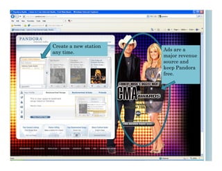 Create a new station
                       Ads are a
any time.
                       major revenue
                       source and
                       keep Pandora
                       free.
 