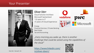 Your Presenter
Oliver Dörr
Cloud Solution Architect
Microsoft Switzerland
~15 years in IT
>5 years of Cloud Experience
Ene...