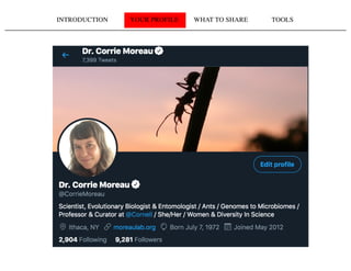 INTRODUCTION YOUR PROFILE WHAT TO SHARE TOOLS
 