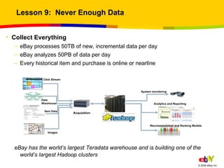 Lesson 9:  Never Enough Data <ul><li>Collect Everything </li></ul><ul><ul><li>eBay processes 50TB of new, incremental data...