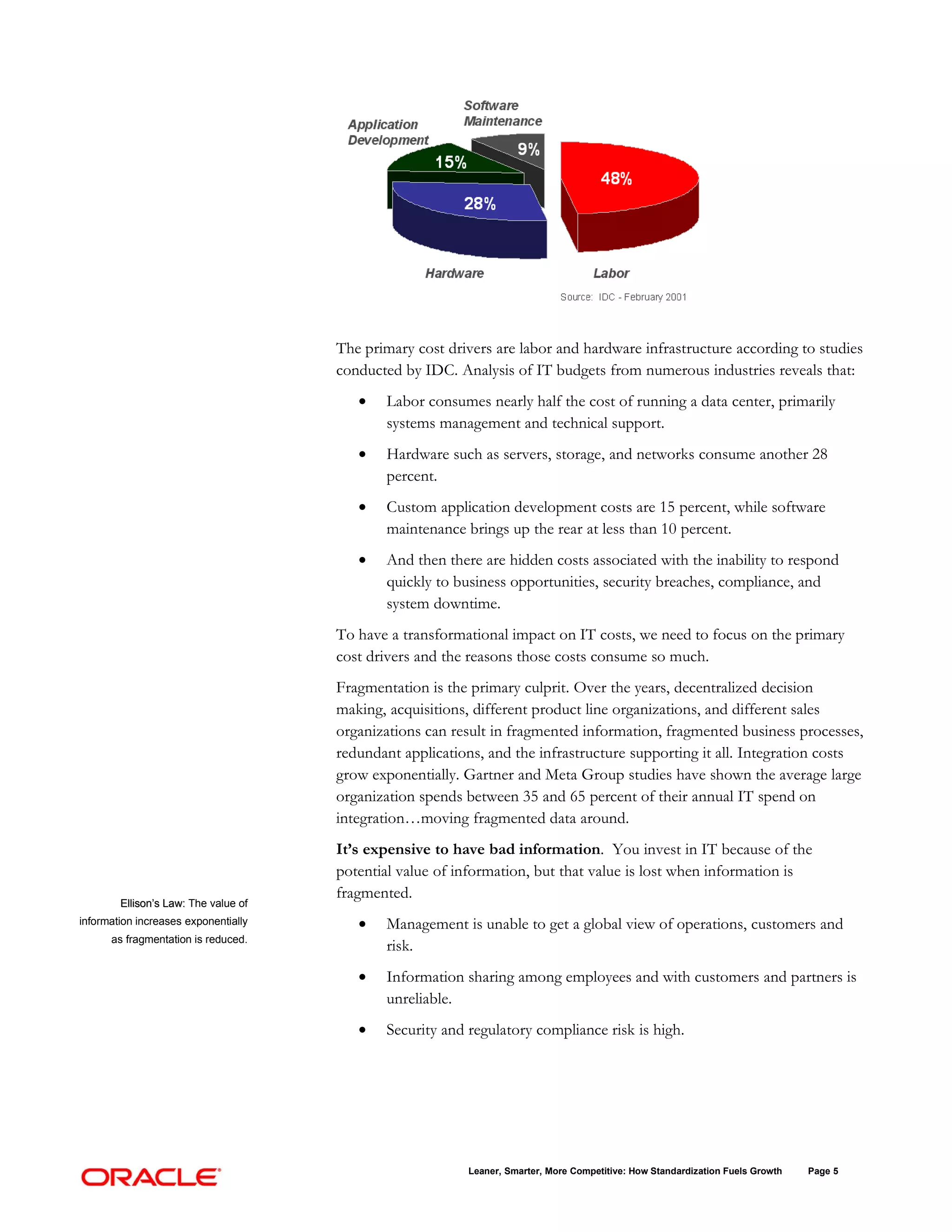 The primary cost drivers are labor and hardware infrastructure according to studies
                                      conducted by IDC. Analysis of IT budgets from numerous industries reveals that:
                                         •   Labor consumes nearly half the cost of running a data center, primarily
                                             systems management and technical support.
                                         •   Hardware such as servers, storage, and networks consume another 28
                                             percent.
                                         •   Custom application development costs are 15 percent, while software
                                             maintenance brings up the rear at less than 10 percent.
                                         •   And then there are hidden costs associated with the inability to respond
                                             quickly to business opportunities, security breaches, compliance, and
                                             system downtime.
                                      To have a transformational impact on IT costs, we need to focus on the primary
                                      cost drivers and the reasons those costs consume so much.
                                      Fragmentation is the primary culprit. Over the years, decentralized decision
                                      making, acquisitions, different product line organizations, and different sales
                                      organizations can result in fragmented information, fragmented business processes,
                                      redundant applications, and the infrastructure supporting it all. Integration costs
                                      grow exponentially. Gartner and Meta Group studies have shown the average large
                                      organization spends between 35 and 65 percent of their annual IT spend on
                                      integration…moving fragmented data around.
                                      It’s expensive to have bad information. You invest in IT because of the
                                      potential value of information, but that value is lost when information is
                                      fragmented.
        Ellison’s Law: The value of
information increases exponentially      •   Management is unable to get a global view of operations, customers and
      as fragmentation is reduced.
                                             risk.
                                         •   Information sharing among employees and with customers and partners is
                                             unreliable.
                                         •   Security and regulatory compliance risk is high.




                                                          Leaner, Smarter, More Competitive: How Standardization Fuels Growth   Page 5
 