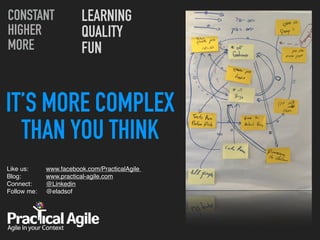 IT’S MORE COMPLEX 
THAN YOU THINK
Like us:  
Blog:  
Connect: 
Follow me:  
CONSTANT
HIGHER
MORE
LEARNING
QUALITY
FUN
www.facebook.com/PracticalAgile  
www.practical-agile.com 
@Linkedin 
@eladsof 
 