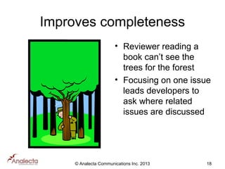 Improves completeness
• Reviewer reading a
book can’t see the
trees for the forest
• Focusing on one issue
leads developers to
ask where related
issues are discussed

© Analecta Communications Inc. 2013

18

 