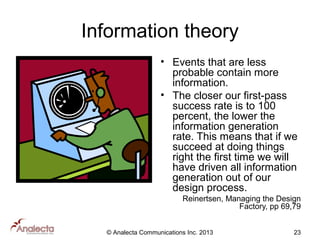 Information theory
• Events that are less
probable contain more
information.
• The closer our first-pass
success rate is to 100
percent, the lower the
information generation
rate. This means that if we
succeed at doing things
right the first time we will
have driven all information
generation out of our
design process.
Reinertsen, Managing the Design
Factory, pp 69,79
© Analecta Communications Inc. 2013

23

 