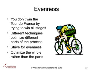 Evenness
• You don’t win the
Tour de France by
trying to win all stages
• Different techniques
optimize different
parts of the process
• Strive for evenness
• Optimize the whole
rather than the parts
© Analecta Communications Inc. 2013

33

 
