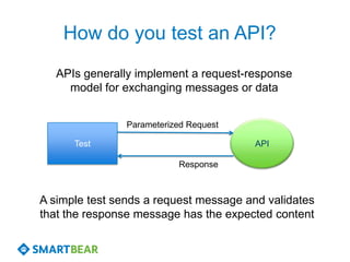 How do you test an API?
   APIs generally implement a request-response
     model for exchanging messages or data


                Parameterized Request

      Test                              API

                           Response



A simple test sends a request message and validates
that the response message has the expected content
 