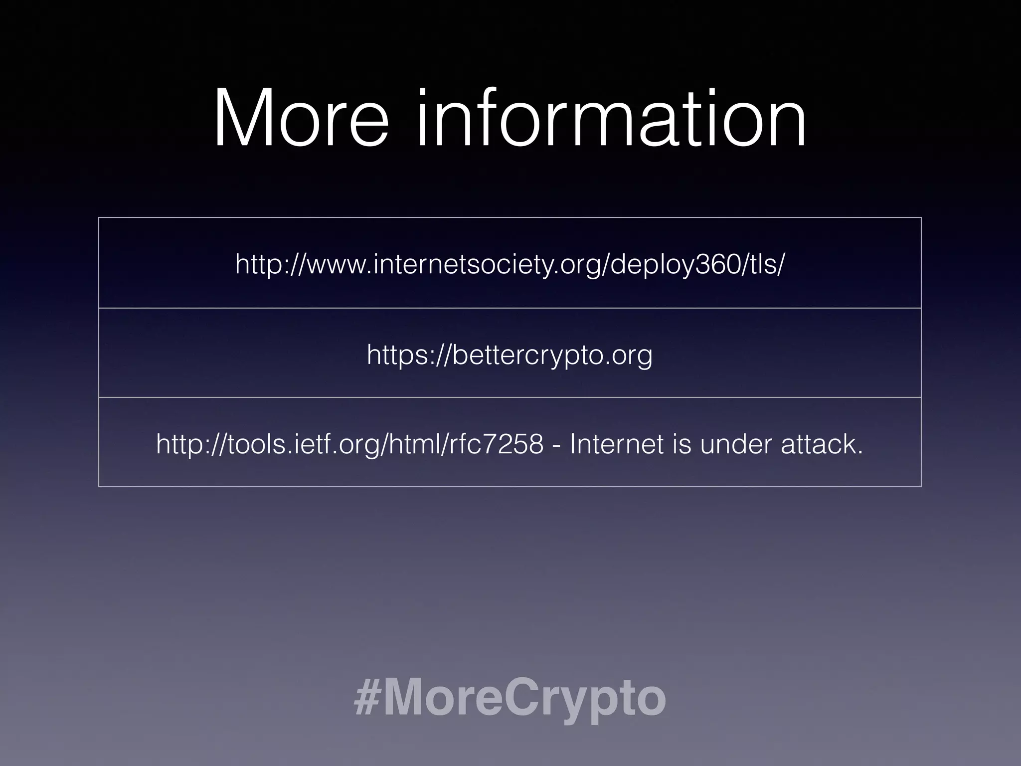 The way forward: 
#MoreCrypto 
 