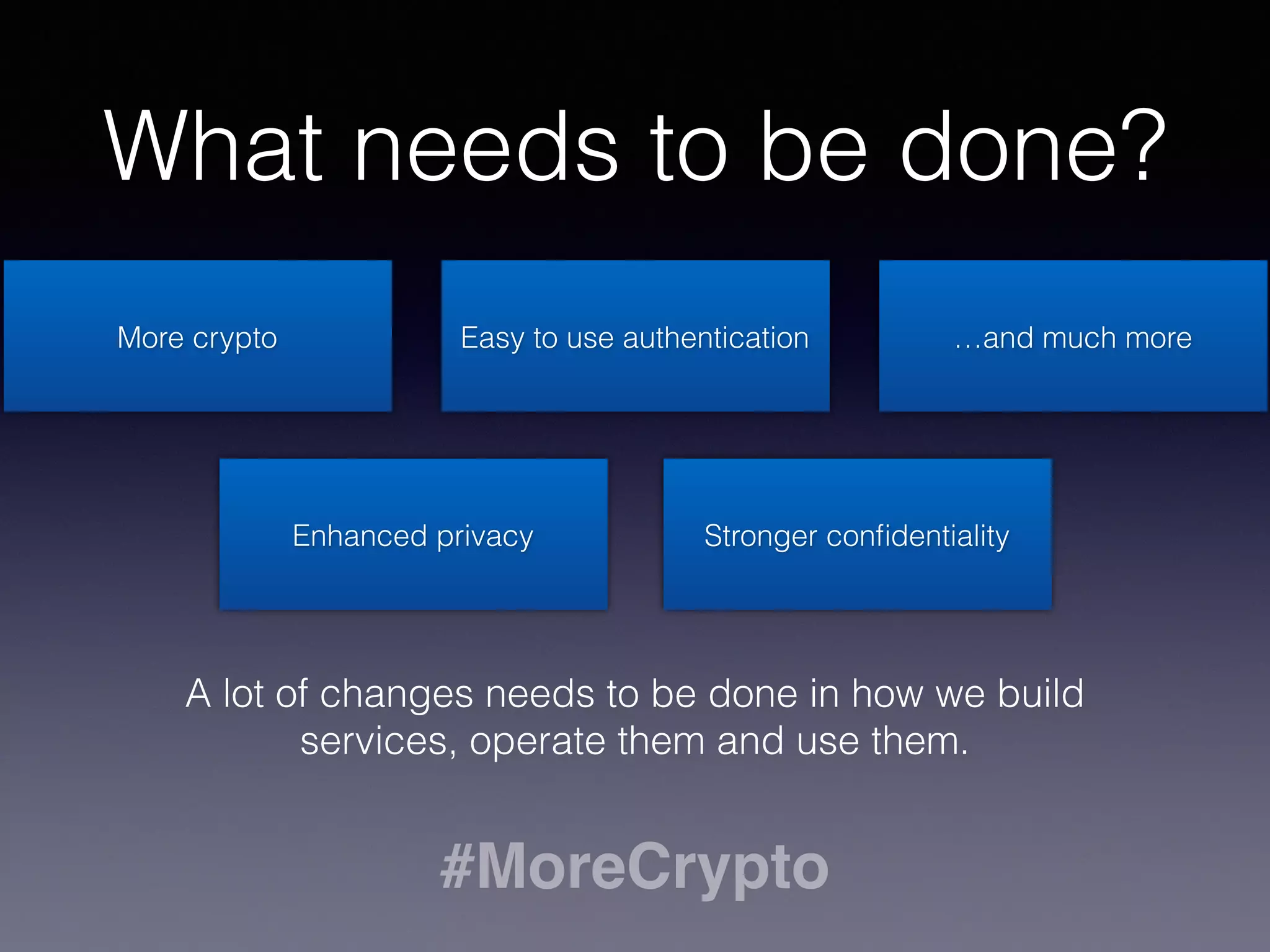What needs to be done? 
More crypto Easy to use authentication 
Enhanced privacy Stronger confidentiality 
A lot of changes needs to be done in how we build 
services, operate them and use them. 
#MoreCrypto 
…and much more 
 