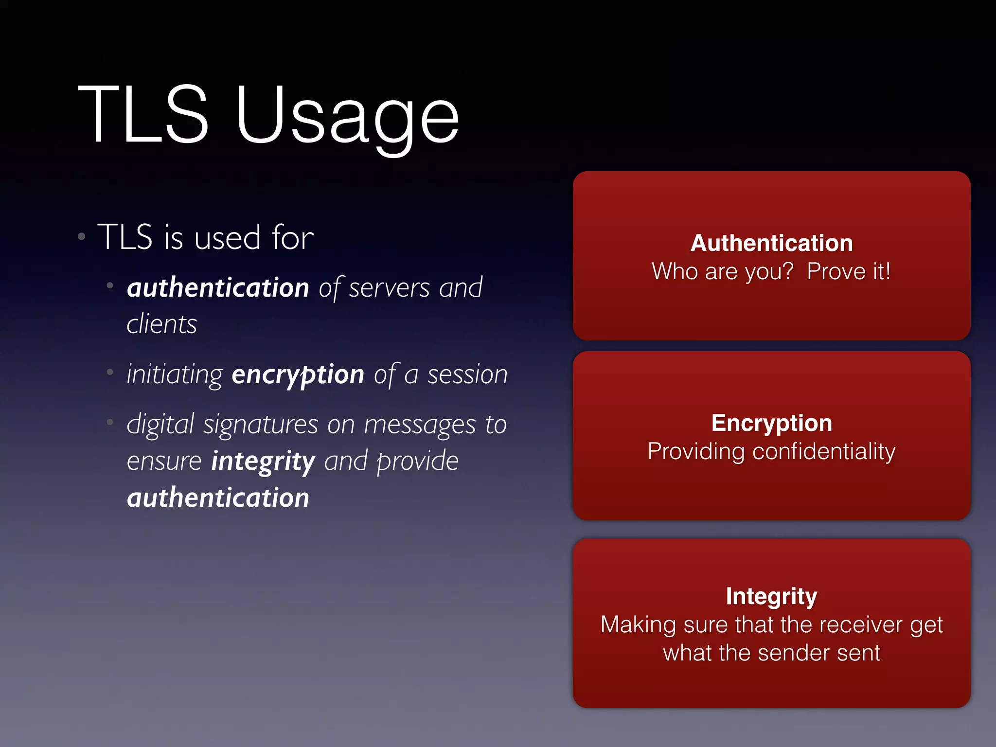 #MoreCrypto
TLS is an important tool
TLS
Transport 
Layer 
Security
TLS provides conﬁdentiality, identity 
and integrity to Internet communication.
TLS is used in HTTPS:// web pages, but can also be
used from applications on a computer as well as a cell
phone.
TLS is based on SSL, that was a provider-speciﬁc
technology. TLS is maintained by the IETF and is still
being improved.
 