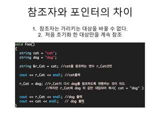 참조자와 포인터의 차이
1. 참조자는 가리키는 대상을 바꿀 수 없다.
2. 처음 초기화 한 대상만을 계속 참조
 