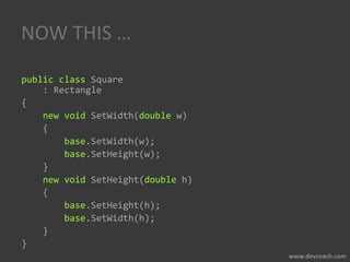 NOW THIS …
public class Square
: Rectangle
{
new void SetWidth(double w)
{
base.SetWidth(w);
base.SetHeight(w);
}
new void SetHeight(double h)
{
base.SetHeight(h);
base.SetWidth(h);
}
}
 