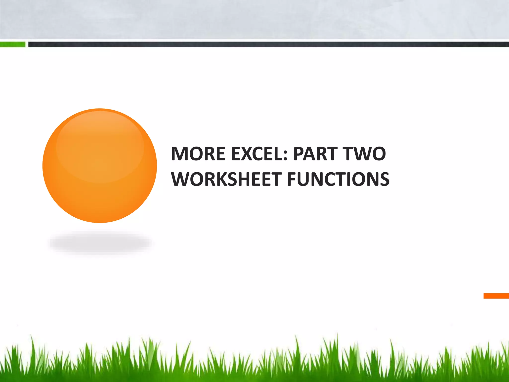 MORE EXCEL: PART TWO
WORKSHEET FUNCTIONS
 