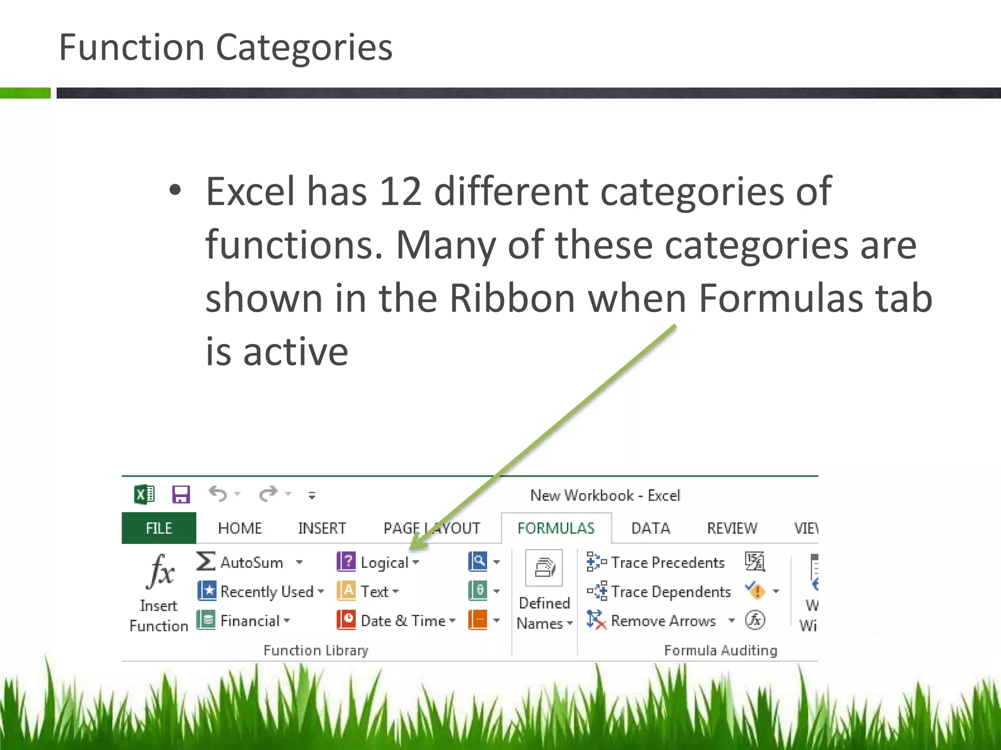 Function Categories
• Excel has 12 different categories of
functions. Many of these categories are
shown in the Ribbon when Formulas tab
is active
 