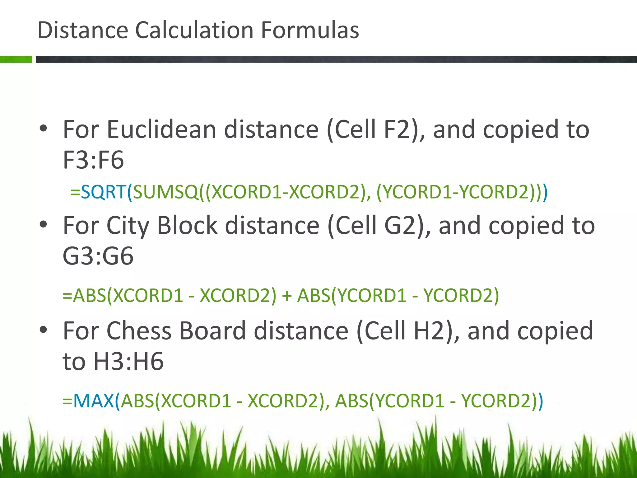 Distance Calculation Formulas
• For Euclidean distance (Cell F2), and copied to
F3:F6
=SQRT(SUMSQ((XCORD1-XCORD2), (YCORD1-YCORD2)))
• For City Block distance (Cell G2), and copied to
G3:G6
=ABS(XCORD1 - XCORD2) + ABS(YCORD1 - YCORD2)
• For Chess Board distance (Cell H2), and copied
to H3:H6
=MAX(ABS(XCORD1 - XCORD2), ABS(YCORD1 - YCORD2))
 