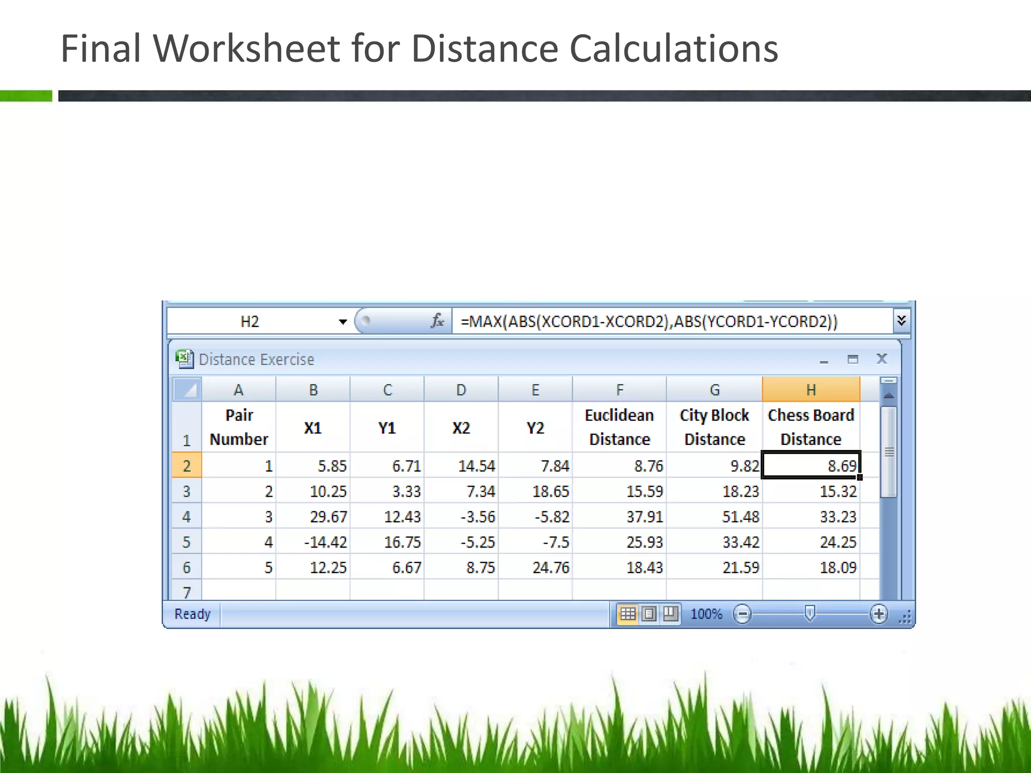 Final Worksheet for Distance Calculations
 